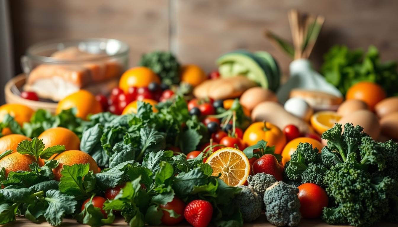 Vibrant still life of an assortment of natural metabolism-boosting foods, captured in a warm, softly-lit setting. In the foreground, an array of fresh green vegetables like spinach, kale, and broccoli. In the middle ground, a variety of colorful fruits like oranges, berries, and citrus. In the background, a selection of lean proteins like salmon, chicken, and eggs. The lighting is soft and diffused, creating a cozy, inviting atmosphere. The composition is balanced and visually appealing, highlighting the nutritious and energizing qualities of these metabolism-boosting ingredients. Vibrant still life of an assortment of natural metabolism-boosting foods, captured in a warm, softly-lit setting. In the foreground, an array of fresh green vegetables like spinach, kale, and broccoli. In the middle ground, a variety of colorful fruits like oranges, berries, and citrus. In the background, a selection of lean proteins like salmon, chicken, and eggs. The lighting is soft and diffused, creating a cozy, inviting atmosphere. The composition is balanced and visually appealing, highlighting the nutritious and energizing qualities of these metabolism-boosting ingredients.