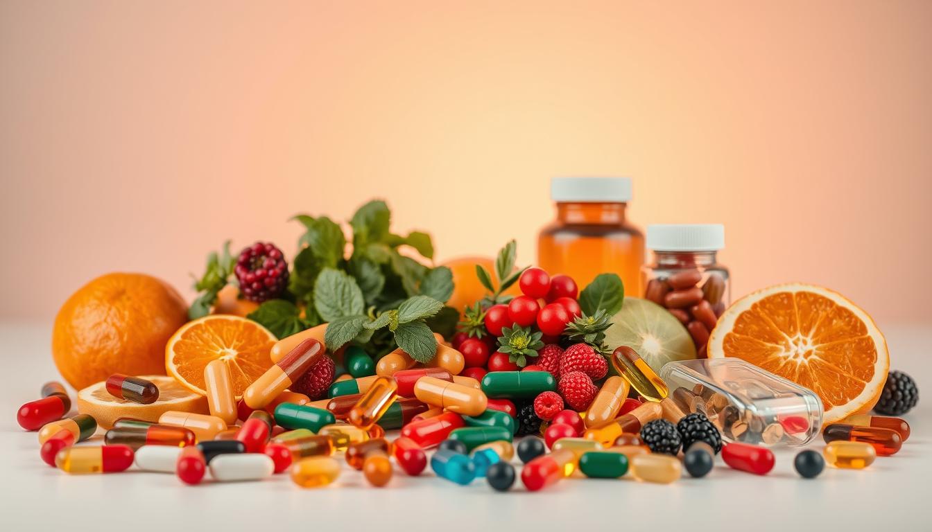 Vibrant still life of an assortment of vitamins and minerals against a clean, soft-lit background. Foreground features an arrangement of colorful capsules, tablets, and softgels in various hues of red, orange, yellow, green, and blue. Middle ground showcases complementary elements like fresh produce like citrus fruits, leafy greens, and berries. Background subtly fades to a serene, ethereal gradient, creating a sense of natural wellness and vitality. Warm, gentle illumination from the side casts shadows and highlights the textures and shapes of the nutritional supplements. Compositional balance and symmetry convey a sense of harmony and potency of these immune-boosting nutrients.