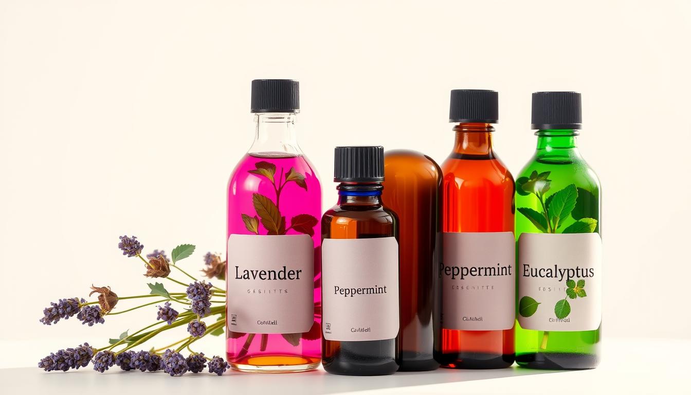 Vibrant still life of essential oils: a row of glass bottles filled with lavender, peppermint, and eucalyptus oils, their labels clearly visible. The bottles are set against a plain white background, allowing the rich, earthy hues of the oils to take center stage. Warm, natural lighting casts a soft glow, highlighting the transparency of the glass and the subtle shimmering of the liquids. The arrangement is simple yet elegant, inviting the viewer to imagine the soothing, invigorating aromas of these natural remedies. The overall mood is one of tranquility and wellness, reflecting the beneficial properties of the essential oils depicted.