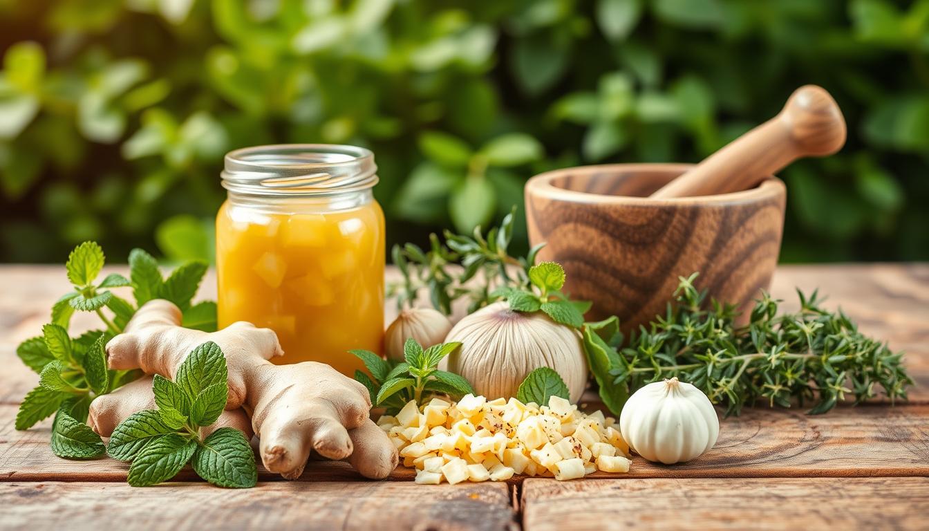 Vibrant still life of herbal remedies for bloating, featuring an array of natural ingredients on a rustic wooden table. In the foreground, a selection of soothing herbs like ginger, peppermint, and fennel, accompanied by a glass jar filled with a bubbling fermented drink. In the middle ground, a mortar and pestle, and a sprig of fresh thyme. The background showcases a lush, verdant backdrop, suggesting the natural, holistic approach to addressing digestive discomfort. Soft, warm lighting casts a comforting glow over the scene, inviting the viewer to explore these effective, plant-based solutions for bloating and poor digestion.