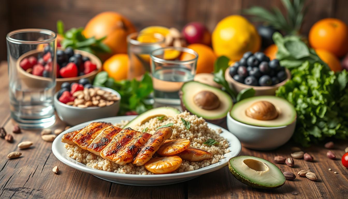 Vibrant still life of various macronutrient-rich foods arranged on a rustic wooden table. In the foreground, a plate showcases a balanced mix of lean protein, complex carbohydrates, and healthy fats - grilled chicken, quinoa, and avocado slices. Behind it, a glass of water and a shaker bottle with a protein supplement. In the middle ground, a variety of nuts, seeds, and dried fruits. The background features fresh produce like berries, leafy greens, and citrus fruits, all bathed in warm, natural lighting. The overall composition conveys the importance of nutritious, recovery-boosting macronutrients for post-workout replenishment. Vibrant still life of various macronutrient-rich foods arranged on a rustic wooden table. In the foreground, a plate showcases a balanced mix of lean protein, complex carbohydrates, and healthy fats - grilled chicken, quinoa, and avocado slices. Behind it, a glass of water and a shaker bottle with a protein supplement. In the middle ground, a variety of nuts, seeds, and dried fruits. The background features fresh produce like berries, leafy greens, and citrus fruits, all bathed in warm, natural lighting. The overall composition conveys the importance of nutritious, recovery-boosting macronutrients for post-workout replenishment.