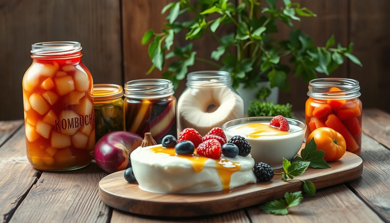Vibrant still life on a rustic wooden table, showcasing an array of fermented foods for gut health. In the foreground, a variety of colorful jars filled with bubbling kombucha, sauerkraut, and pickled vegetables. The middle ground features a platter of creamy yogurt topped with fresh berries and a drizzle of honey. In the background, a lush, green plant adds a touch of nature, while soft, natural lighting illuminates the scene, creating a warm and inviting atmosphere. The overall composition emphasizes the vibrant, earthy tones of the fermented delicacies, conveying the nourishing and probiotic-rich benefits for optimal gut health. Vibrant still life on a rustic wooden table, showcasing an array of fermented foods for gut health. In the foreground, a variety of colorful jars filled with bubbling kombucha, sauerkraut, and pickled vegetables. The middle ground features a platter of creamy yogurt topped with fresh berries and a drizzle of honey. In the background, a lush, green plant adds a touch of nature, while soft, natural lighting illuminates the scene, creating a warm and inviting atmosphere. The overall composition emphasizes the vibrant, earthy tones of the fermented delicacies, conveying the nourishing and probiotic-rich benefits for optimal gut health.