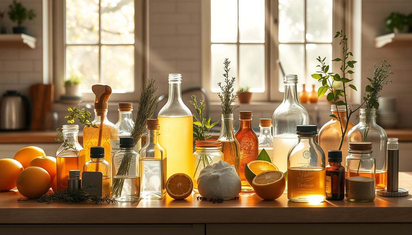 Vibrant, sun-dappled kitchen countertop filled with an assortment of natural cleaning solutions. Glass bottles and jars contain homemade concoctions of lemon, baking soda, vinegar, and essential oils. Sprigs of fresh herbs and citrus slices provide earthy accents. Rays of warm light stream in through large windows, illuminating the eclectic display of eco-friendly, DIY alternatives to harsh chemical cleaners. The overall scene exudes a sense of wellness, simplicity, and a back-to-basics approach to healthy living. Vibrant, sun-dappled kitchen countertop filled with an assortment of natural cleaning solutions. Glass bottles and jars contain homemade concoctions of lemon, baking soda, vinegar, and essential oils. Sprigs of fresh herbs and citrus slices provide earthy accents. Rays of warm light stream in through large windows, illuminating the eclectic display of eco-friendly, DIY alternatives to harsh chemical cleaners. The overall scene exudes a sense of wellness, simplicity, and a back-to-basics approach to healthy living.