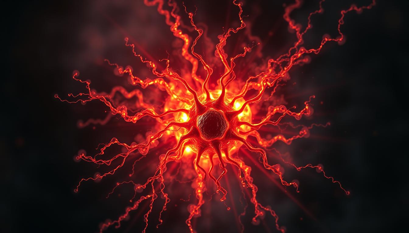 Vibrant swirling clouds of reactive oxygen species enveloping a detailed mitochondrial structure in the foreground. Radiant energy pulses emanate from the center, casting dynamic shadows across a dark, ominous background. Dramatic lighting highlights the intricate inner workings of the mitochondria, symbolizing the oxidative stress that builds with age. A wide, cinematic lens captures the scene, conveying the scale and intensity of this cellular process. The overall atmosphere is one of power, tension, and the relentless march of time.