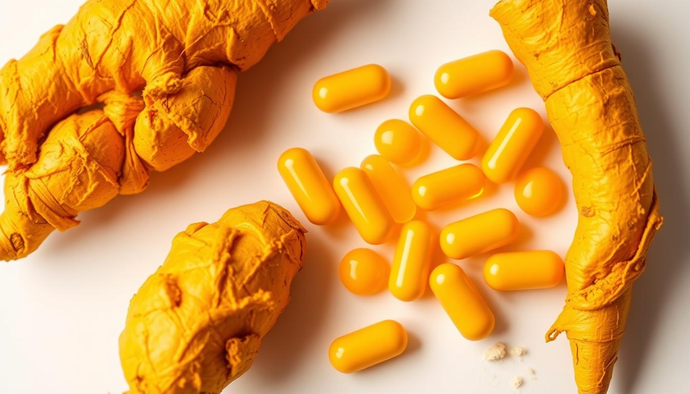 Vibrant turmeric rhizomes and curcumin capsules against a pristine white background. The turmeric exhibits a rich, golden hue, its intricate textures and contours sharply defined under crisp lighting. The curcumin supplements are neatly arranged, their deep yellow color echoing the root's vibrant tones. A sense of purity and cleanliness pervades the scene, emphasizing the natural, healthful qualities of these potent plant-based ingredients. The overall composition conveys the notion of turmeric and curcumin's ability to reduce inflammation and promote fat loss in a visually striking and appetizing manner.