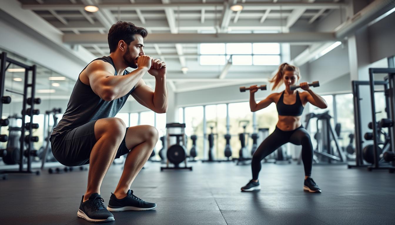 Vibrant workout scene showcasing key exercises for cellular energy enhancement. In the foreground, a person performing squats with proper form, muscles engaged. In the middle ground, another person executing lunges, legs powering through the movement. The background features a sleek, modern gym setting with high ceilings, natural lighting filtering in, and state-of-the-art equipment. The overall atmosphere is one of dynamism, vigor, and a focus on optimizing mitochondrial function through functional, compound exercises. The lighting is bright and crisp, capturing the energy of the scene.