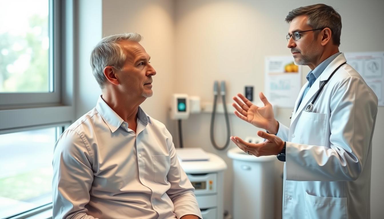 a calm and serene doctor's office, with a large window letting in natural light. In the foreground, a middle-aged man sits on an examination table, his attentive gaze fixed on the medical professional standing before him. The doctor, dressed in a crisp white coat, gestures while explaining the importance of preventive health screenings, their hands animated with care and concern. The background features medical equipment and charts, conveying a sense of professionalism and expertise. The overall atmosphere is vibrant yet reassuring, reflecting the vital role of proactive healthcare in maintaining men's well-being. a calm and serene doctor's office, with a large window letting in natural light. In the foreground, a middle-aged man sits on an examination table, his attentive gaze fixed on the medical professional standing before him. The doctor, dressed in a crisp white coat, gestures while explaining the importance of preventive health screenings, their hands animated with care and concern. The background features medical equipment and charts, conveying a sense of professionalism and expertise. The overall atmosphere is vibrant yet reassuring, reflecting the vital role of proactive healthcare in maintaining men's well-being.