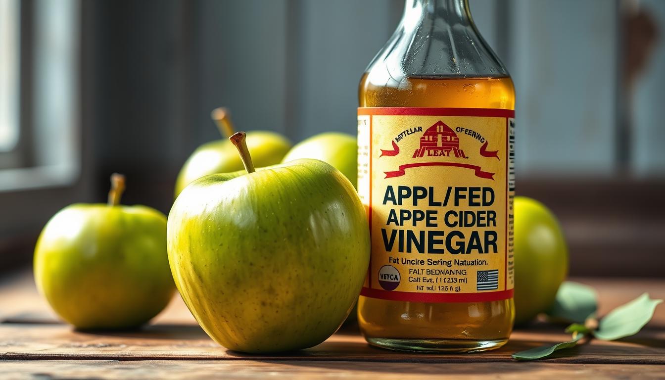 a close-up, hyper-realistic photograph of fresh, crisp green apples and a bottle of apple cider vinegar on a rustic wooden table, with natural lighting highlighting the vibrant colors and textures. The apples are glistening, and the vinegar bottle has a weathered, vintage appearance, conveying the ancient, natural quality of the fat-burning ingredient. The background is softly blurred, placing the focus on the prominent foreground elements, creating a sense of depth and emphasizing the simplicity and purity of the scene.