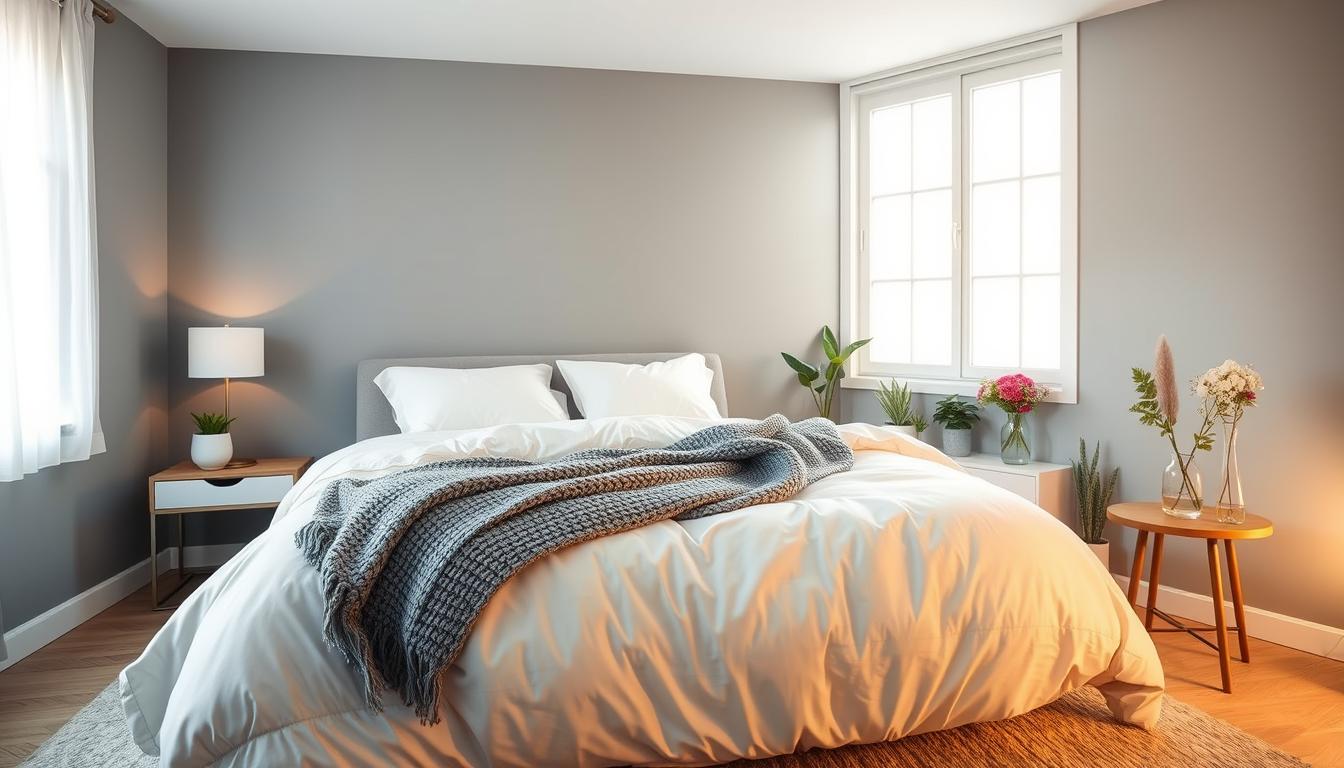 a cozy bedroom with a plush, king-size bed adorned with soft, white bedding and a gray, knitted throw blanket; the room is bathed in warm, diffused lighting from a large window, creating a serene and peaceful atmosphere; the walls are painted a soothing, muted blue-gray shade, and a sleek, wooden nightstand with a minimalist lamp sits on one side of the bed; the room is clutter-free, with only a few potted plants and a small, glass vase of fresh flowers adding a touch of vibrant, natural elements; the overall scene evokes a sense of comfort, relaxation, and rejuvenation, perfect for promoting quality sleep and immune health. a cozy bedroom with a plush, king-size bed adorned with soft, white bedding and a gray, knitted throw blanket; the room is bathed in warm, diffused lighting from a large window, creating a serene and peaceful atmosphere; the walls are painted a soothing, muted blue-gray shade, and a sleek, wooden nightstand with a minimalist lamp sits on one side of the bed; the room is clutter-free, with only a few potted plants and a small, glass vase of fresh flowers adding a touch of vibrant, natural elements; the overall scene evokes a sense of comfort, relaxation, and rejuvenation, perfect for promoting quality sleep and immune health.