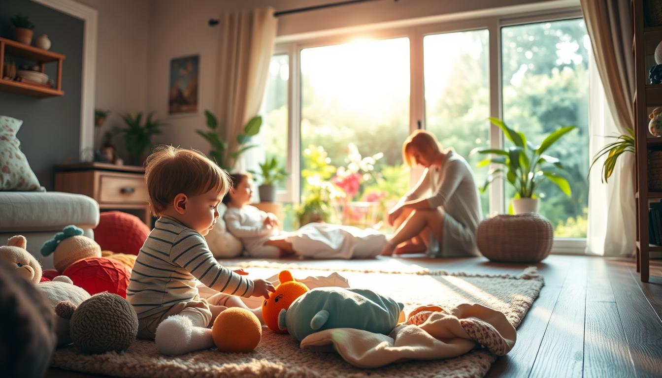a cozy, well-lit home interior with a warm, inviting atmosphere; in the foreground, a young child playing on the floor surrounded by plush toys and soft fabrics; in the middle ground, a parent or caregiver sitting nearby, engaged in gentle, nurturing interaction; in the background, a calming scene of a window overlooking a lush, vibrant garden, with sunlight streaming in and casting a soft, natural glow throughout the space; the lighting is soft and diffused, creating a sense of comfort and security; the color palette features soothing, earthy tones accented by pops of vibrant hues, conveying a sense of harmony and well-being.