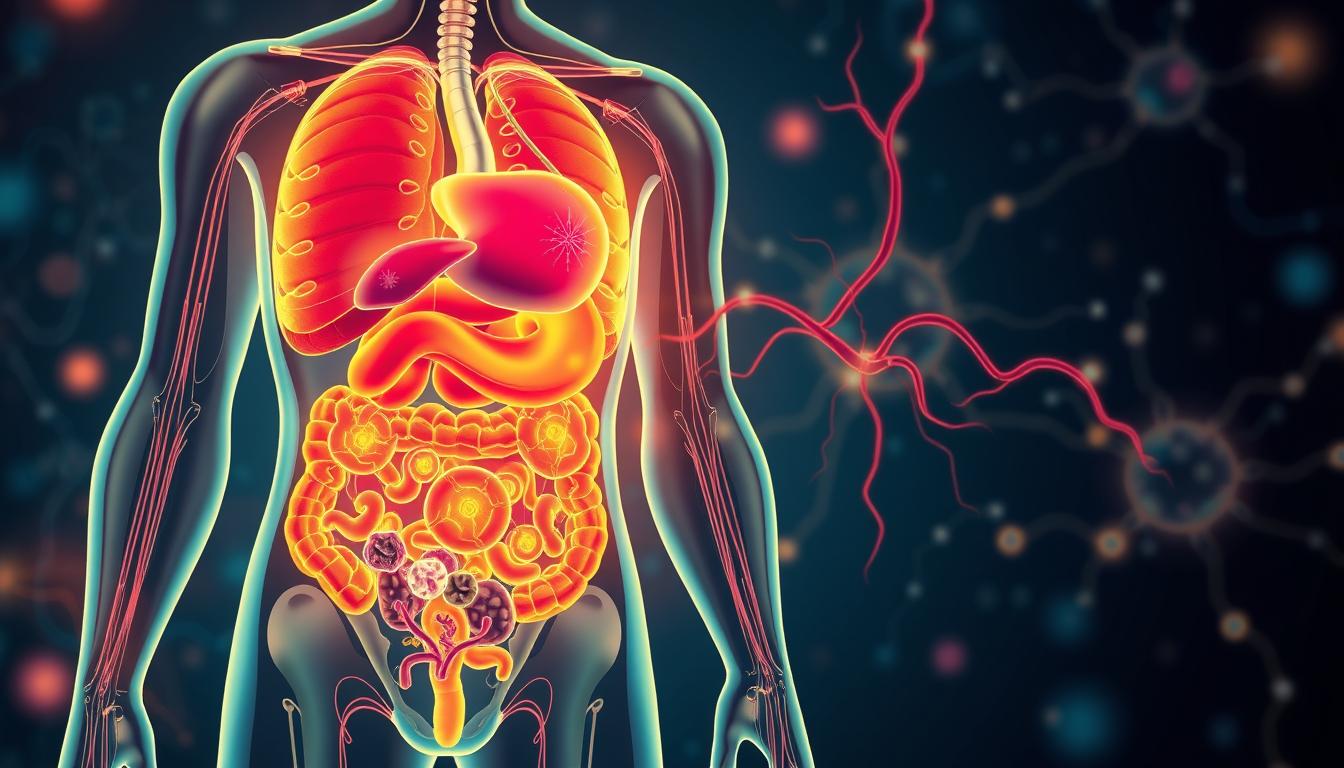 a detailed and vibrant illustration of the human metabolic system, featuring a stylized cross-section of the body with various organs and processes highlighted. the foreground should showcase the digestive tract, liver, and other key metabolic organs, rendered in bold, energetic colors and dynamic shapes. the middle ground should depict the circulatory system, with blood vessels and the heart clearly visible, pulsing with vitality. the background should feature a subtle, ethereal representation of the nervous system, with neural pathways and synapses glowing softly. the overall composition should convey a sense of the complex, interconnected nature of the human metabolism, with a focus on its vital role in weight loss and overall health. a detailed and vibrant illustration of the human metabolic system, featuring a stylized cross-section of the body with various organs and processes highlighted. the foreground should showcase the digestive tract, liver, and other key metabolic organs, rendered in bold, energetic colors and dynamic shapes. the middle ground should depict the circulatory system, with blood vessels and the heart clearly visible, pulsing with vitality. the background should feature a subtle, ethereal representation of the nervous system, with neural pathways and synapses glowing softly. the overall composition should convey a sense of the complex, interconnected nature of the human metabolism, with a focus on its vital role in weight loss and overall health.
