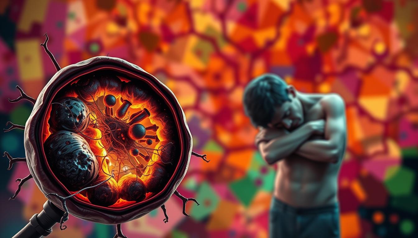 a detailed digital illustration depicting mitochondrial dysfunction and fatigue, set against a vibrant background. in the foreground, a cross-section of a mitochondrion is shown, its inner structures disrupted and disorganized, conveying a sense of impaired energy production. in the middle ground, a human figure appears exhausted, slumped over with a weary expression. the background features a vibrant, abstract pattern of overlapping shapes and colors, suggesting the underlying cellular processes that govern energy metabolism. the lighting is soft and diffused, creating a contemplative mood. the overall composition emphasizes the connection between mitochondrial health and whole-body fatigue.