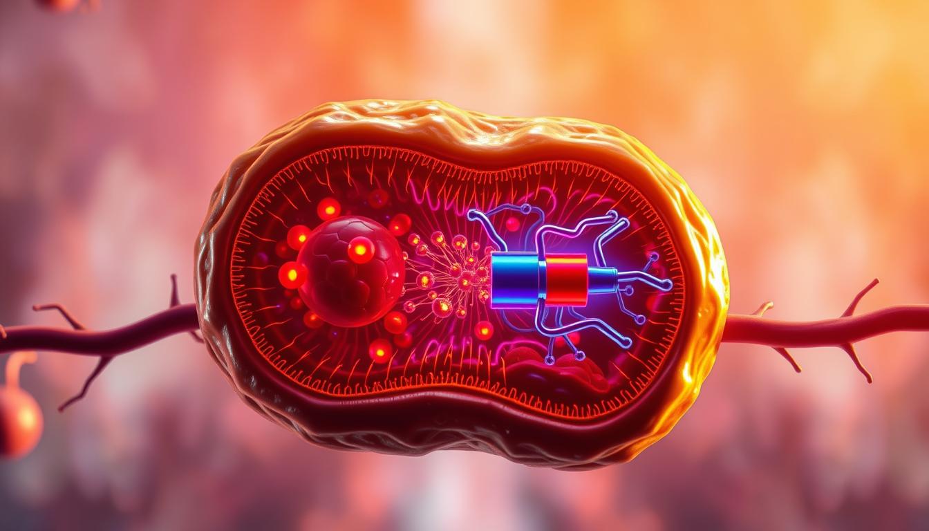 a detailed illustration of mitochondrial function, showcasing the intricate organelle responsible for cellular energy production. In the foreground, a cross-section of a mitochondrion reveals the inner cristae structure, bustling with vibrant, glowing activity. The middle ground depicts the process of oxidative phosphorylation, with a dynamic interplay of electron transport chains and ATP synthase complexes. In the background, a subtle, vibrant gradient sets the mood, hinting at the vital role mitochondria play in powering the body's cells. The lighting is warm and soft, emphasizing the dynamic and vital nature of this cellular powerhouse. Captured with a high-resolution lens, the image conveys a sense of scientific depth and technical precision.
