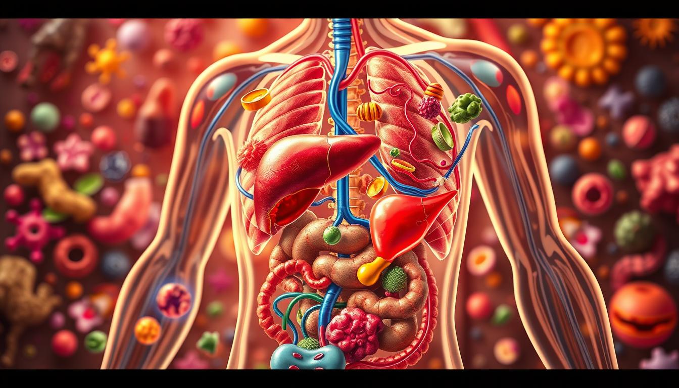 a detailed illustration of the human metabolic system, depicting the various processes involved in the conversion of food into energy and the regulation of bodily functions. The image should showcase the intricate workings of metabolism, with a vibrant and dynamic color palette. The foreground should feature the key components of the metabolic process, such as the digestive system, liver, and cells, while the middle ground showcases the circulatory system transporting nutrients and waste products. The background should depict the interconnectedness of the metabolic system with the broader physiological functions, including the nervous system and hormonal regulation. The lighting should be soft and warm, creating a sense of depth and emphasizing the complexity and importance of metabolism in maintaining overall health and well-being.