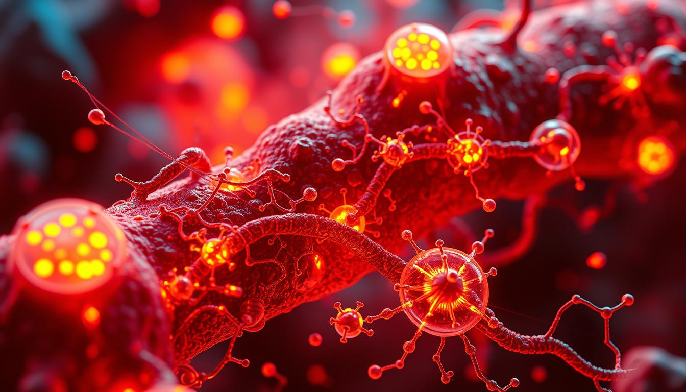 a detailed macro view of the natural metabolic process of thermogenesis, showcasing the complex systems and pathways involved in boosting the body's fat-burning capabilities. the scene should be rendered with a vibrant color palette, featuring glowing mitochondria, energized cellular structures, and intricate biochemical reactions. the composition should emphasize the interconnectedness of these natural mechanisms, creating a visually striking and informative representation of the thermogenesis process.