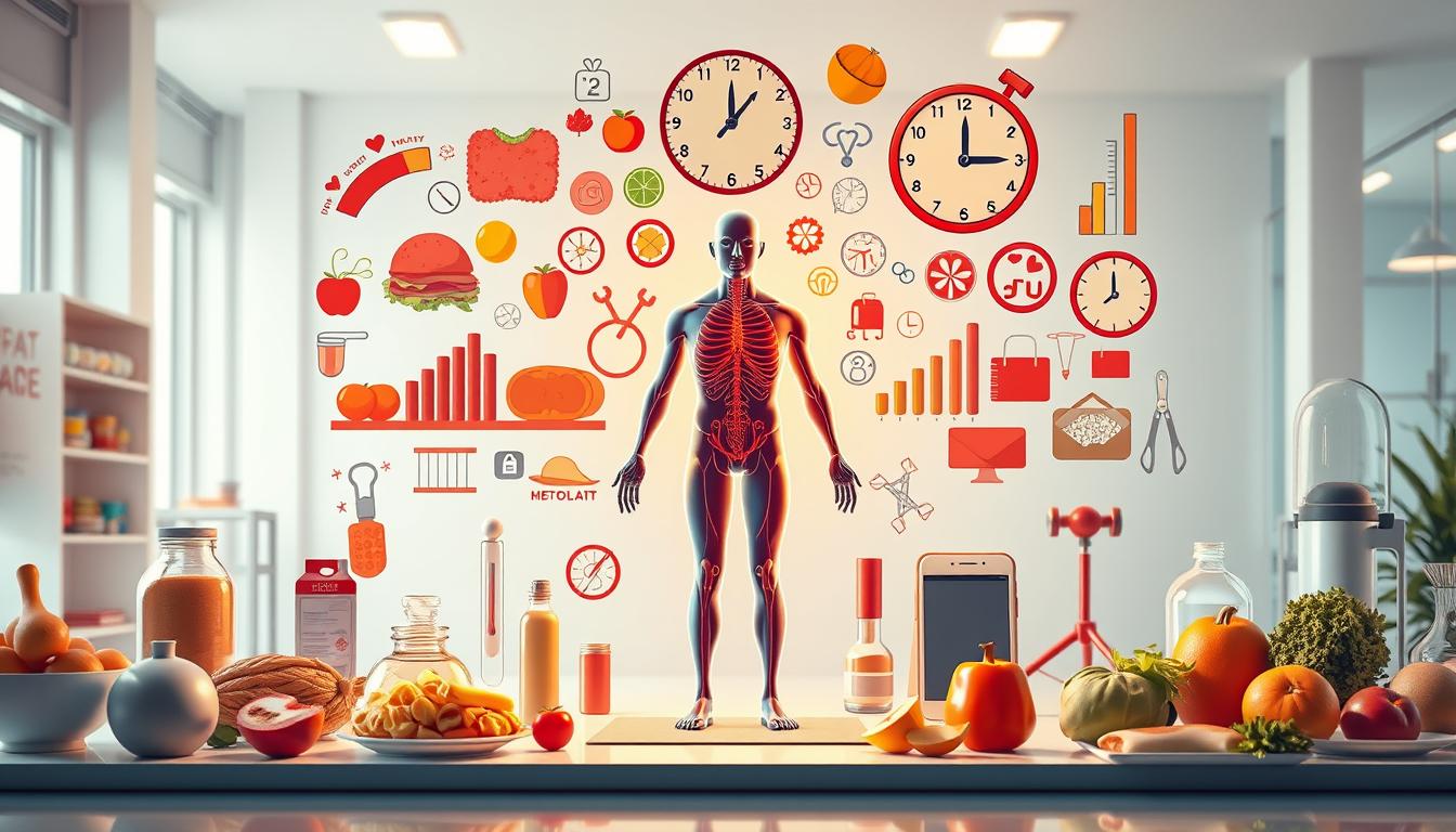 a detailed, vibrant digital illustration of factors that influence metabolic rate, including a central focus on a human figure representing metabolism, surrounded by various elements such as food, exercise equipment, clock, thermometer, and other relevant icons or symbols. The scene should be set in a bright, modern, and clean environment with strong lighting and depth of field to emphasize the key components. The overall composition should be well-balanced and visually striking, conveying the complexities of metabolic processes in an informative and aesthetically pleasing manner.