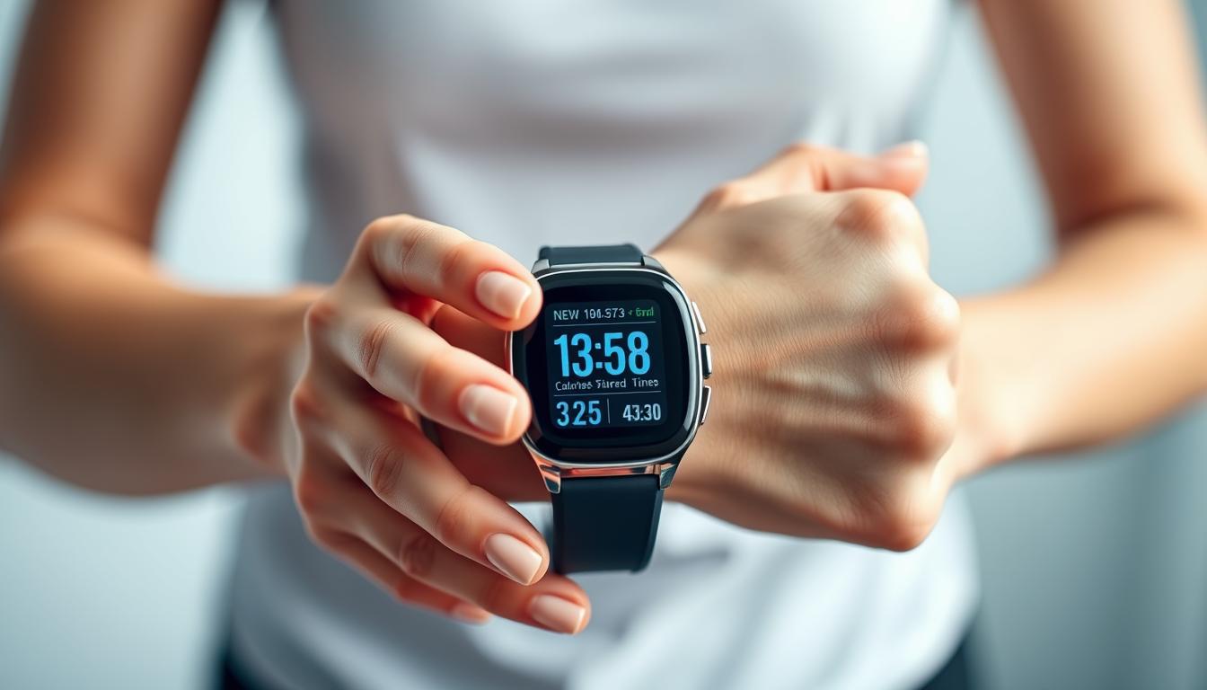 a high-resolution photograph of a woman's hands on a digital fitness tracker watch, displaying various weight loss metrics such as steps taken, calories burned, and body weight over time. The tracker's display is clear and easy to read, with a sleek and modern design. The woman's hands are in focus, showcasing her healthy, well-manicured nails. The background is blurred, creating a vibrant, minimalist aesthetic. The lighting is soft and natural, highlighting the details of the watch and the woman's hands. The overall mood is one of focus, progress, and empowerment.