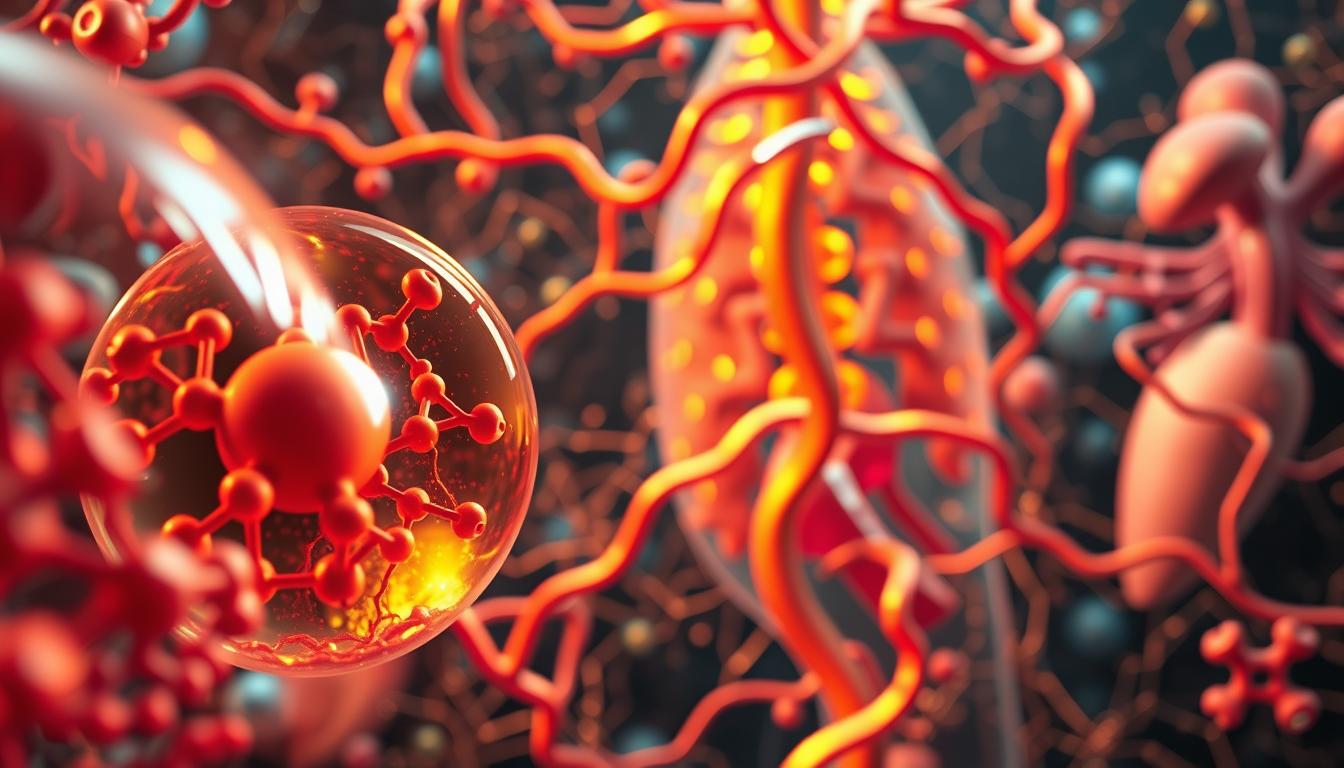 a highly detailed, hyper-realistic, 3d rendered image of the inner workings of the human metabolism, depicted as a vibrant, complex system of interconnected pathways, enzymes, and biological processes. the foreground features a magnified view of the chemical reactions and energy conversion taking place at the cellular level, with a crisp depth of field and dramatic lighting. the middle ground showcases the circulatory system transporting nutrients and waste, while the background reveals the broader anatomical context, such as organs and tissue structures. the overall atmosphere is one of scientific intrigue and visual fascination, inviting the viewer to explore the wonders of this vital biological mechanism. a highly detailed, hyper-realistic, 3d rendered image of the inner workings of the human metabolism, depicted as a vibrant, complex system of interconnected pathways, enzymes, and biological processes. the foreground features a magnified view of the chemical reactions and energy conversion taking place at the cellular level, with a crisp depth of field and dramatic lighting. the middle ground showcases the circulatory system transporting nutrients and waste, while the background reveals the broader anatomical context, such as organs and tissue structures. the overall atmosphere is one of scientific intrigue and visual fascination, inviting the viewer to explore the wonders of this vital biological mechanism.