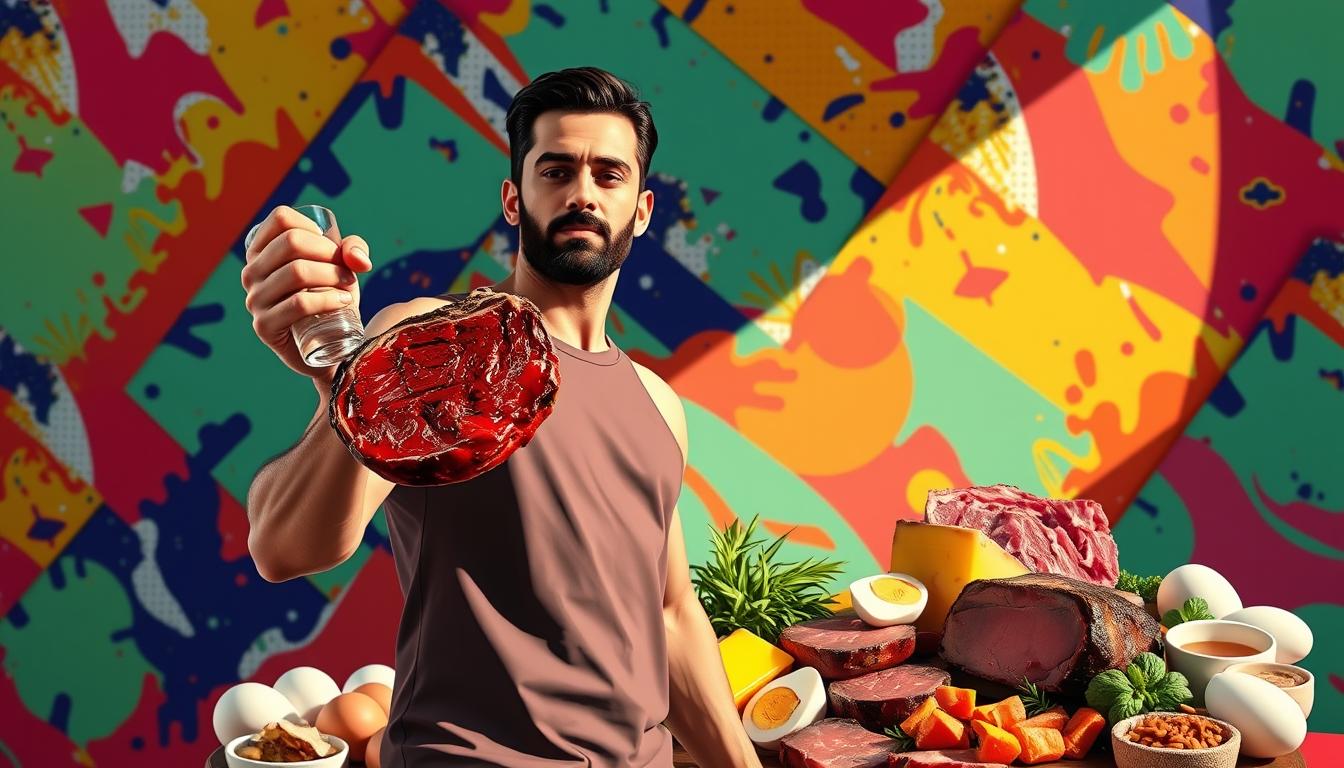 a striking digital illustration of a person overcoming challenges associated with a carnivore diet, set against a vibrant and colorful backdrop. In the foreground, a determined individual stands resolute, holding a succulent steak in one hand and a glass of water in the other, conveying the sense of commitment and perseverance required to maintain this lifestyle. The middle ground features a variety of healthy, high-protein carnivore-friendly foods, such as eggs, cheese, and meat, arranged in an aesthetically pleasing manner. The background is filled with a vibrant, abstract pattern of bold colors and geometric shapes, creating a dynamic and visually engaging environment. The overall scene is lit by a warm, natural light, casting subtle shadows and highlights to accentuate the textures and details of the elements. The mood is one of triumph and self-empowerment, inspiring the viewer to overcome the challenges of the carnivore diet with confidence and success.