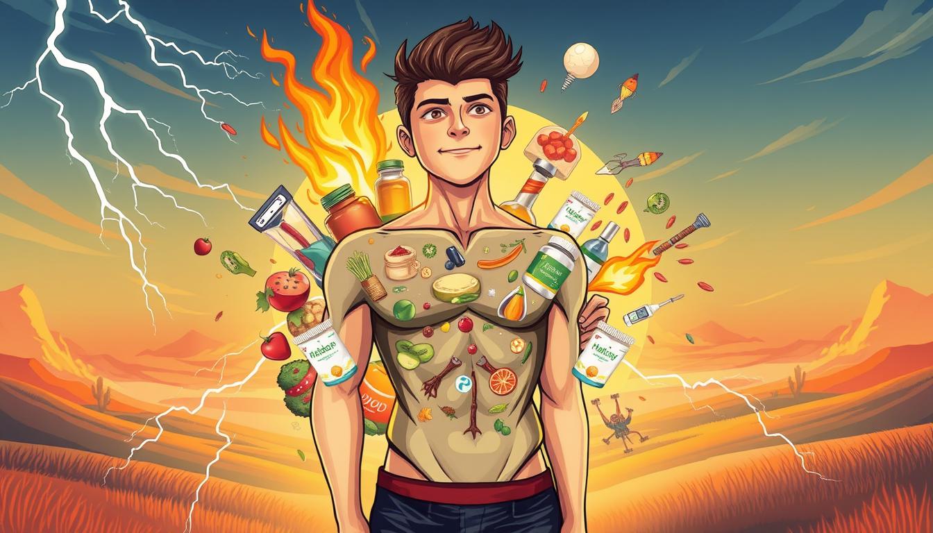 a vibrant, detailed digital illustration of a healthy, energetic human figure in the foreground, surrounded by dynamic visual elements representing increased metabolism, such as lightning bolts, swirling energy, and blazing flames. The figure should appear youthful, fit, and full of vitality, with an expression conveying a sense of focus and determination. In the middle ground, there should be a collage of healthy lifestyle icons, including fresh produce, exercise equipment, and natural wellness supplements. The background should feature a stylized, abstract landscape with a warm, vibrant color palette, suggesting an uplifting, rejuvenating atmosphere. The overall composition should inspire a sense of empowerment and the ability to naturally boost one's metabolism.