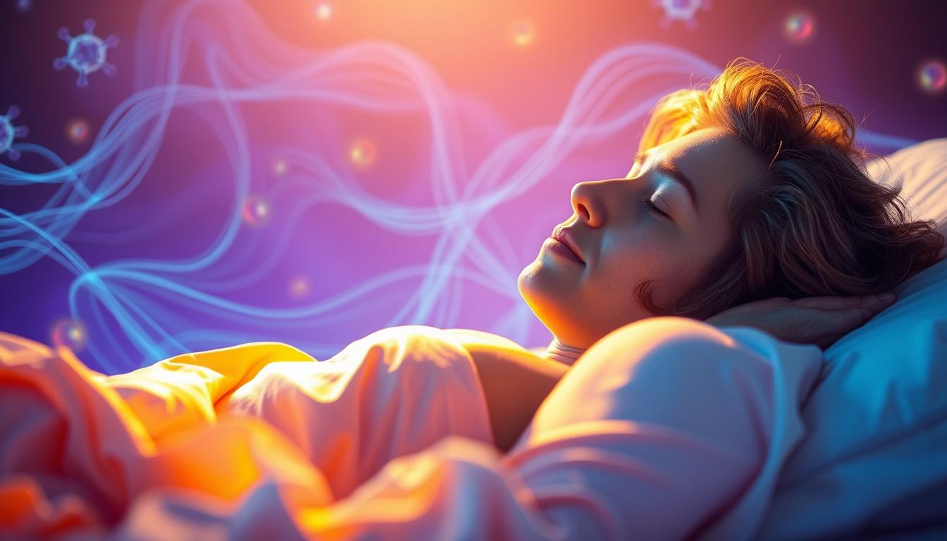 a vibrant, dreamlike scene of a person sleeping soundly, their body and face relaxed, surrounded by a warm, golden light. In the background, a stylized graphic representation of the human metabolism, with flowing lines and shapes in shades of blue and purple, symbolizing the complex processes occurring within the body during sleep. The foreground and background elements are seamlessly integrated, creating a visually striking and conceptually cohesive image that captures the essence of the relationship between sleep and metabolism. a vibrant, dreamlike scene of a person sleeping soundly, their body and face relaxed, surrounded by a warm, golden light. In the background, a stylized graphic representation of the human metabolism, with flowing lines and shapes in shades of blue and purple, symbolizing the complex processes occurring within the body during sleep. The foreground and background elements are seamlessly integrated, creating a visually striking and conceptually cohesive image that captures the essence of the relationship between sleep and metabolism.