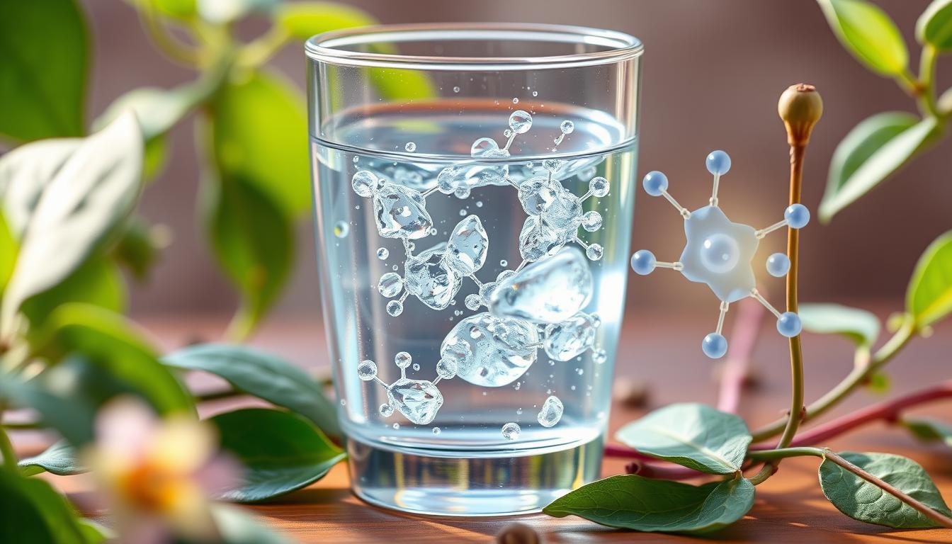 a vibrant, highly detailed digital illustration of a clear glass of water with water droplets on the surface, surrounded by various fresh green leaves and plant stems, with a transparent overlay showing the molecular structure of water and energy molecules, in a warm, natural lighting setting, with a soft, blurred background, using a high-resolution, photorealistic style a vibrant, highly detailed digital illustration of a clear glass of water with water droplets on the surface, surrounded by various fresh green leaves and plant stems, with a transparent overlay showing the molecular structure of water and energy molecules, in a warm, natural lighting setting, with a soft, blurred background, using a high-resolution, photorealistic style