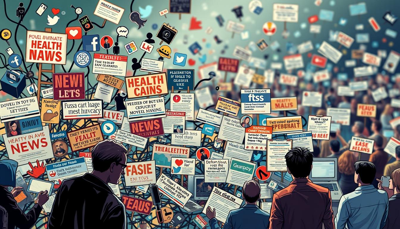 a vibrant, highly detailed illustration depicting various sources of health misinformation, arranged in a dynamic composition. in the foreground, a tangle of social media platforms, news headlines, and online forums spewing false or misleading health claims, rendered with a sense of chaos and urgency. in the middle ground, shadowy figures manipulating and spreading this misinformation, their faces obscured. in the background, a blurred landscape of confused and concerned individuals searching for reliable health information amidst the noise. the overall scene is lit by a harsh, unnatural light, creating a sense of unease and distrust. the image conveys the pervasive, multifaceted nature of health misinformation and the challenges in identifying trustworthy sources.