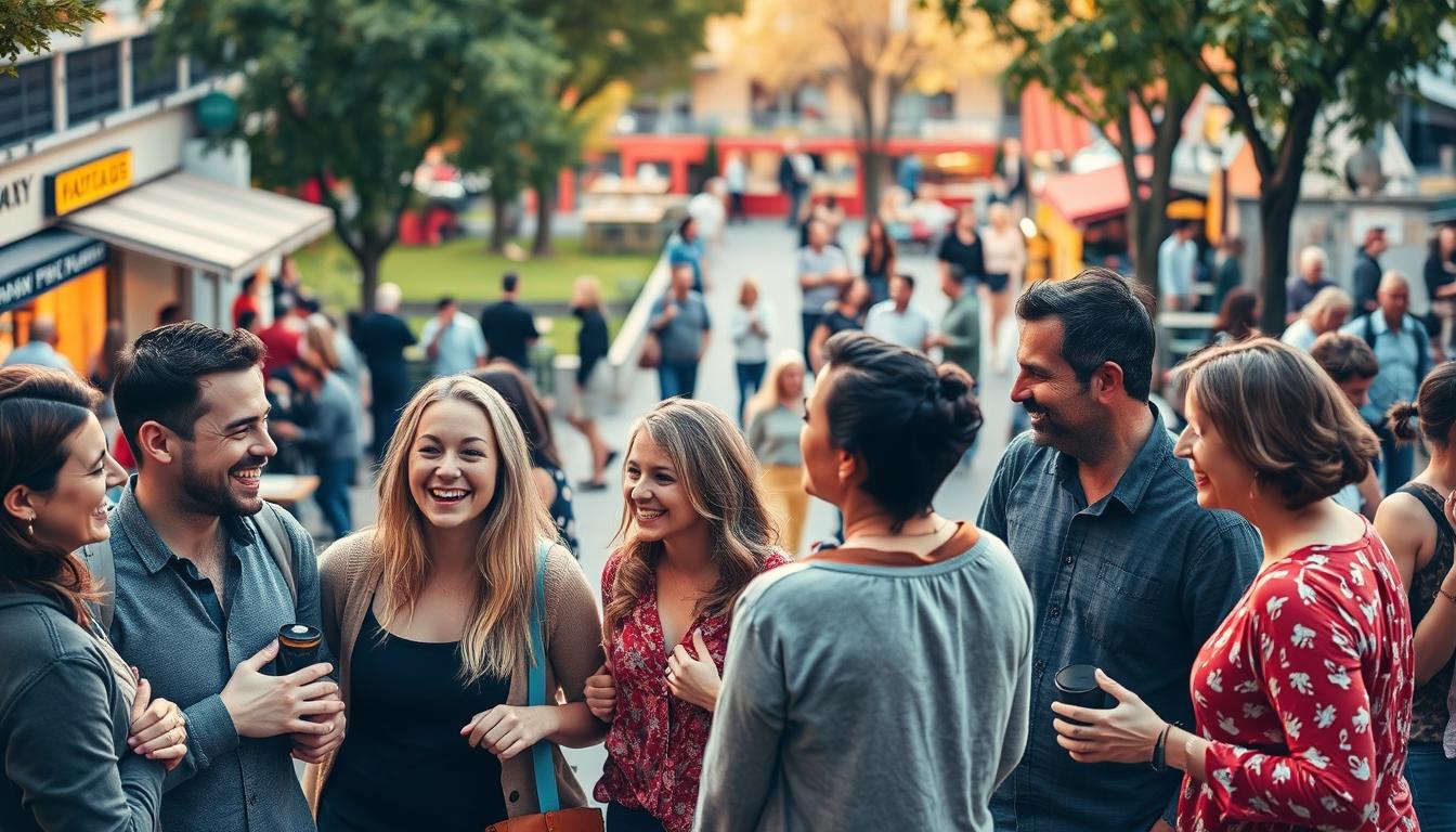 a vibrant, lively scene of people connected through social bonds, with a warm, inviting atmosphere. in the foreground, a group of friends laughing and engaged in animated conversation, their body language and facial expressions conveying a sense of closeness and camaraderie. in the middle ground, couples and families sharing a meal or strolling together, their hands intertwined or draped around each other's shoulders. in the background, a bustling urban setting with cafes, shops, and parks where people of all ages and backgrounds mingle and interact. the lighting is soft and natural, creating a sense of comfort and intimacy. the overall composition suggests the importance of maintaining strong social connections for a healthier, more fulfilling life. a vibrant, lively scene of people connected through social bonds, with a warm, inviting atmosphere. in the foreground, a group of friends laughing and engaged in animated conversation, their body language and facial expressions conveying a sense of closeness and camaraderie. in the middle ground, couples and families sharing a meal or strolling together, their hands intertwined or draped around each other's shoulders. in the background, a bustling urban setting with cafes, shops, and parks where people of all ages and backgrounds mingle and interact. the lighting is soft and natural, creating a sense of comfort and intimacy. the overall composition suggests the importance of maintaining strong social connections for a healthier, more fulfilling life.
