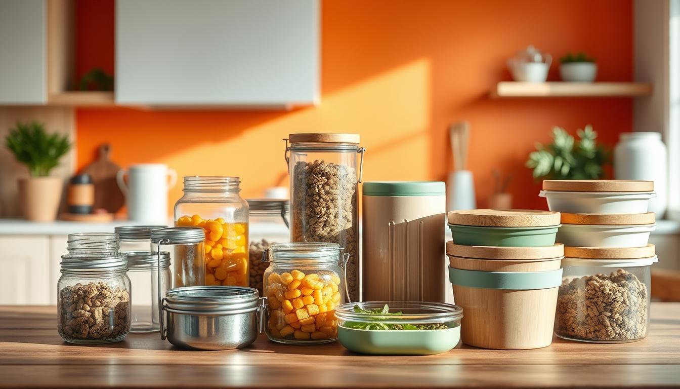a well-lit modern kitchen with various food storage containers on a wooden table, including glass jars, metal tins, and sustainable bamboo and silicone containers, all neatly arranged against a vibrant, minimalist backdrop, with natural lighting highlighting the clean, healthy, and eco-friendly storage options