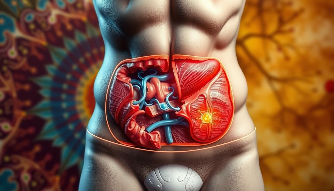 an elegant and detailed medical illustration depicting the science of belly fat reduction. a central focus on a cross-section of the human abdomen, showcasing the layers of skin, muscle, and visceral fat. the foreground captures the intricate biological mechanisms at play, with visual cues highlighting the metabolic processes, hormone signaling, and cellular activity involved in fat mobilization. the middle ground reveals the underlying musculature and connective tissue, emphasizing the importance of exercise and strength training. the background features a vibrant, textured backdrop, reminiscent of a scientific diagram or journal illustration, lending an air of professionalism and authority to the image. the lighting is soft and natural, creating depth and dimensionality, while the lens captures the scene with a sense of precision and clarity. the overall mood is one of scientific discovery and the promise of effective, evidence-based strategies for stubborn belly fat reduction.