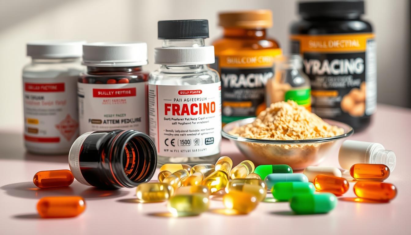 high-quality close-up photograph of various dietary supplements for fat burning and weight loss, including capsules, softgels, and powders, arranged neatly on a clean, brightly lit surface with a vibrant, neutral background, captured with a sharp focus and warm, natural lighting to highlight the details and colors of the products