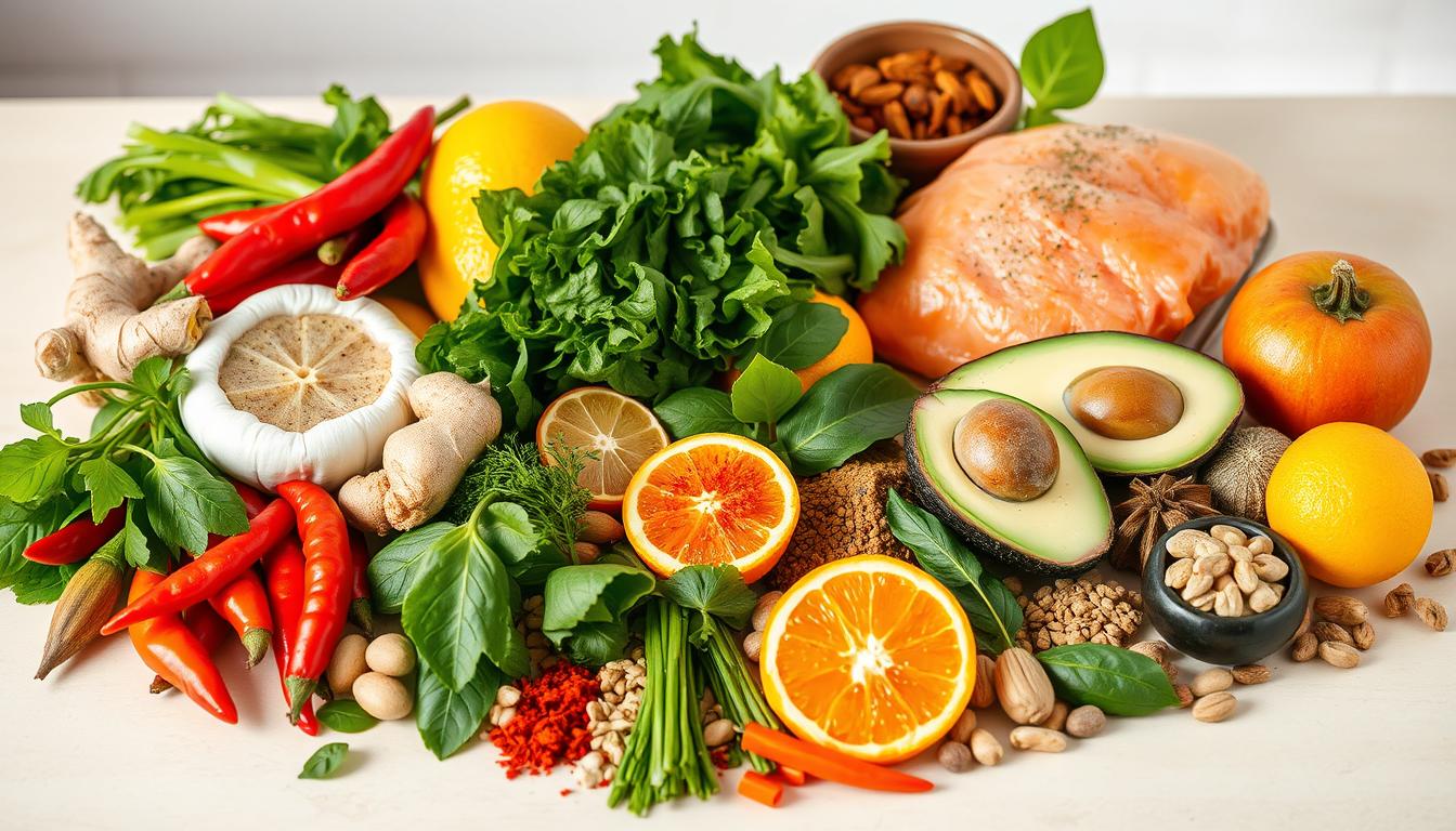 high-quality, close-up shot of an assortment of metabolism-boosting foods arranged on a clean, neutral-colored background, with warm, natural lighting highlighting the vivid colors and textures of the ingredients. The foreground features a variety of fresh, whole foods such as chili peppers, ginger, citrus fruits, leafy greens, and lean proteins like salmon or chicken. The middle ground includes various spices, herbs, and healthy fats like avocado and nuts. The background subtly suggests a kitchen or dining setting, creating a sense of culinary context. The overall mood is vibrant, appetizing, and informative, reflecting the subject of metabolism-boosting foods.