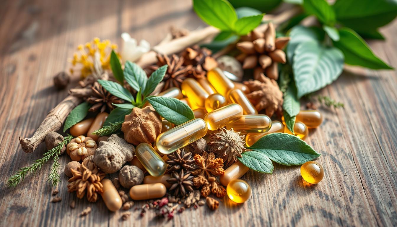 vibrant botanical arrangement of natural health supplements, including assorted herbal capsules, dried roots, and leafy botanicals, artfully displayed on a rustic wooden surface with soft natural light accentuating the earthy tones and textures, conveying a sense of purity, wellness, and vitality