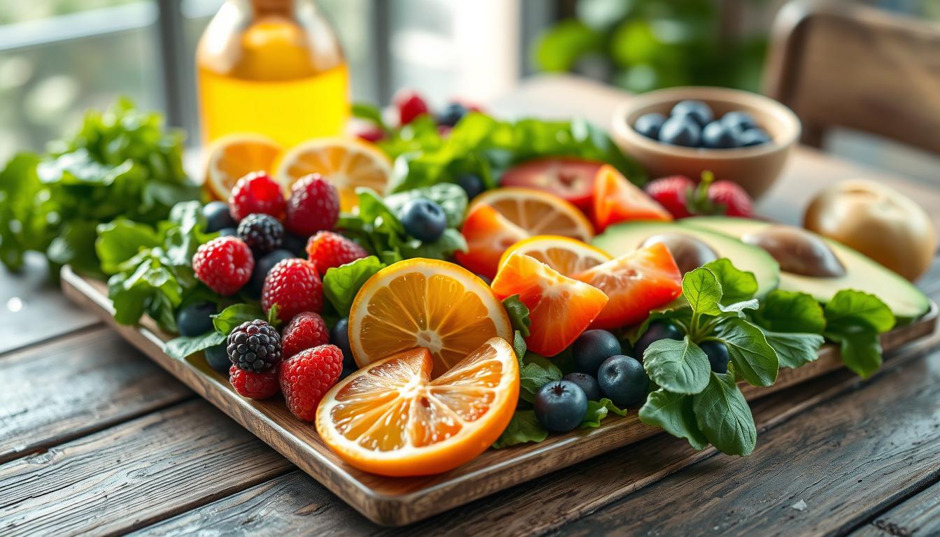vibrant, close-up of a nutritious, metabolically-boosting meal on a rustic wooden table, consisting of a variety of colorful, fresh fruits and vegetables including berries, leafy greens, avocado, and citrus slices, arranged in an appetizing and aesthetically-pleasing manner, with natural lighting casting a warm glow, captured with a shallow depth of field to emphasize the foreground details and create a cozy, inviting atmosphere that evokes a sense of healthy, energizing nourishment