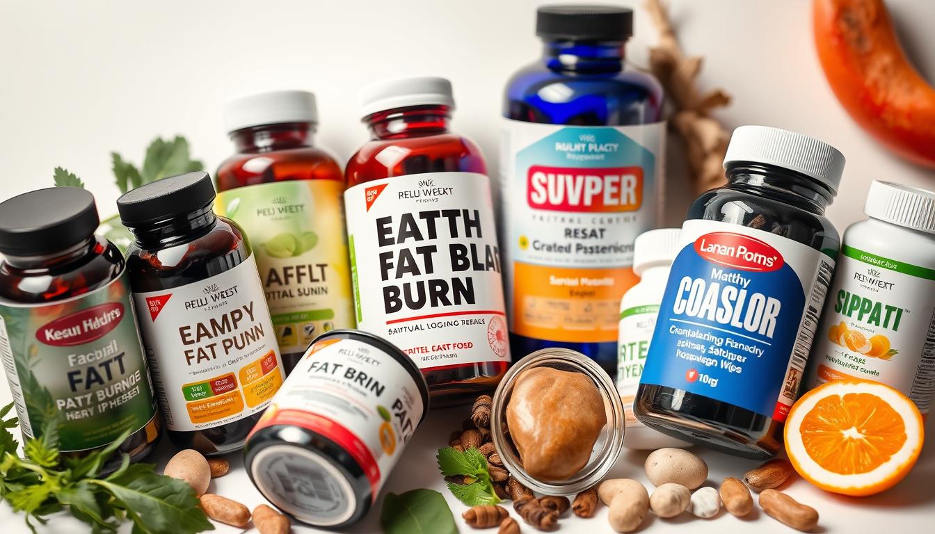 vibrant close-up shot of various healthy fat burning supplements arranged on a clean white background, with a subtle warm lighting that highlights the textures and colors of the products; the supplements are presented in a visually appealing and informative manner, showcasing their natural ingredients and potential benefits; the overall composition conveys a sense of trustworthiness, quality, and safety, aligning with the article's subject matter and section title
