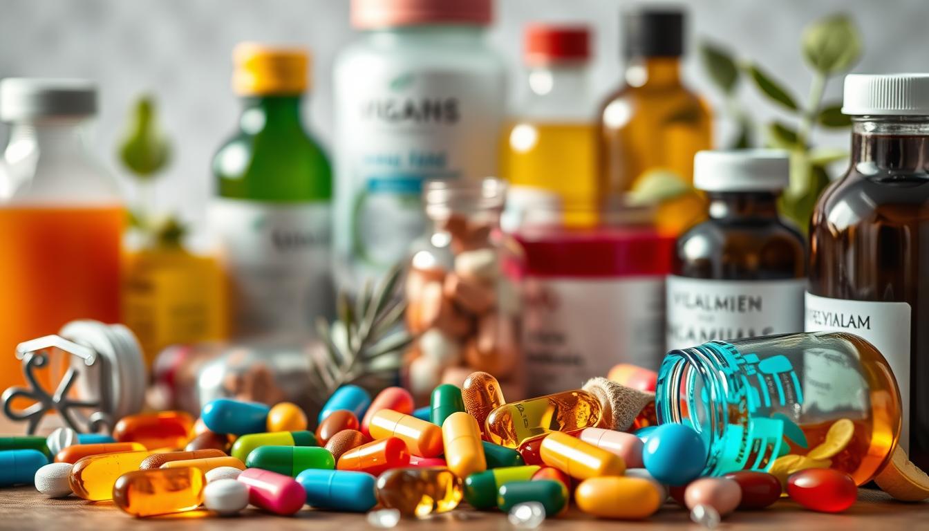 vibrant, close-up shot of various vitamins and supplements, including colorful capsules, tablets, and liquid bottles, arranged in an organic, natural-looking composition, with a blurred background that suggests a clean, minimalist setting, illuminated by soft, diffused lighting that enhances the vibrancy and textural details of the foreground elements, conveying a sense of health, wellness, and the importance of immune system support through natural, nutritional means