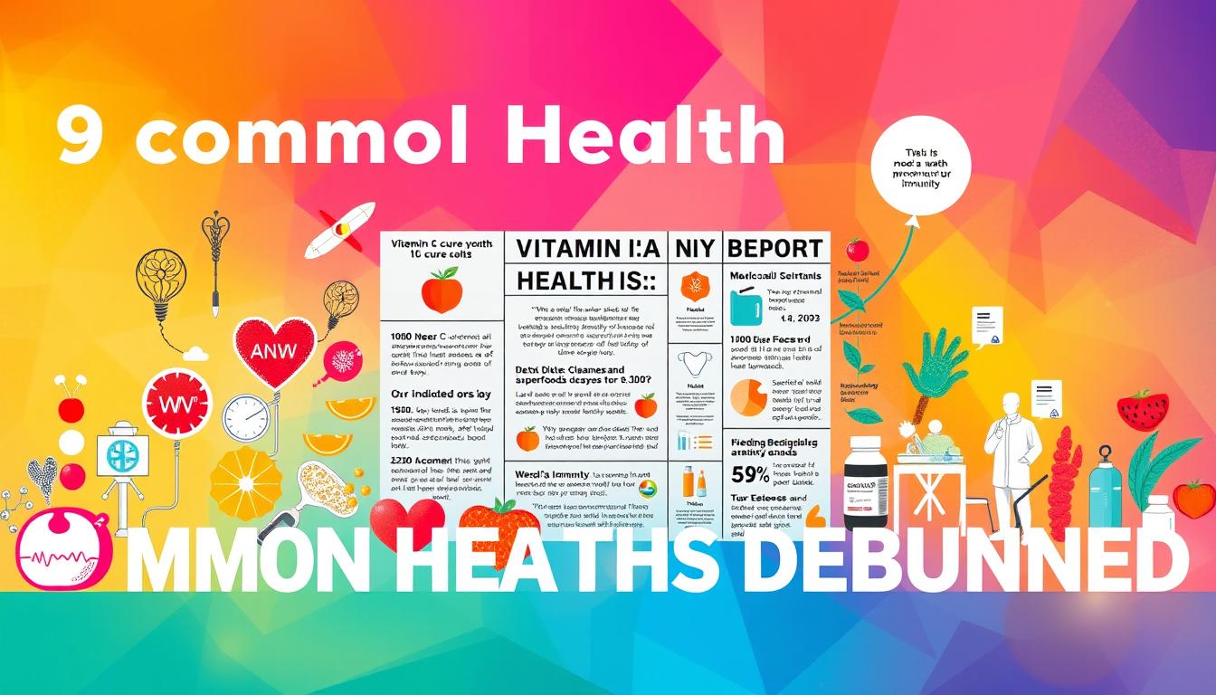 vibrant, detailed illustration of 9 common health myths debunked, featuring a visually engaging and thought-provoking composition. In the foreground, a dynamic arrangement of medical symbols and icons representing different health myths, such as vitamin C curing colds, detox diets cleansing the body, and superfoods boosting immunity. In the middle ground, a collage of scientific data, medical reports, and expert testimonials that dispel these myths, presented in a clean, infographic-style layout. In the background, a vibrant, abstract gradient of complementary colors, creating a sense of energy and movement. The overall composition should convey a visually striking and informative representation of the topic, using a combination of realism and graphic design elements.