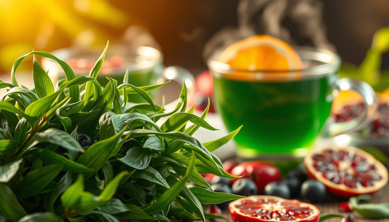 vibrant green tea leaves in the foreground, swirling against a blurred background of steaming tea cups and antioxidant-rich ingredients like blueberries, pomegranate seeds, and citrus slices, all bathed in warm, golden lighting that highlights the natural richness and vitality of the scene, creating a sense of health, wellness, and the restorative power of this ancient superfood
