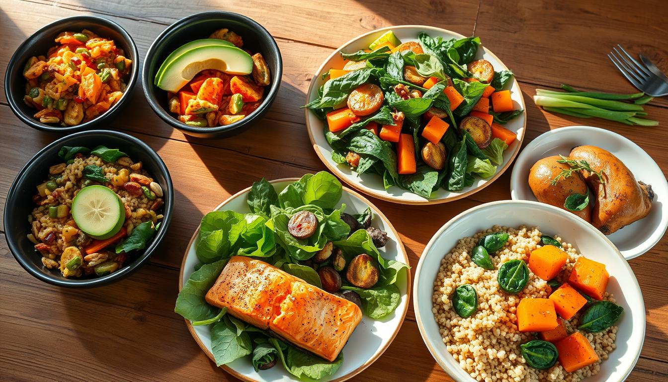 vibrant, high-quality photograph of a variety of healthy, metabolism-boosting meals arranged on a rustic wooden table, including a hearty vegetable stir-fry, a leafy green salad with avocado and nuts, a plate of grilled salmon with roasted vegetables, and a bowl of quinoa with roasted sweet potatoes and sautéed spinach; the table is bathed in warm, natural lighting, creating a cozy and inviting atmosphere; the meal components are fresh, vibrant, and visually appealing, reflecting the concept of a natural fat-burning diet plan to boost metabolism