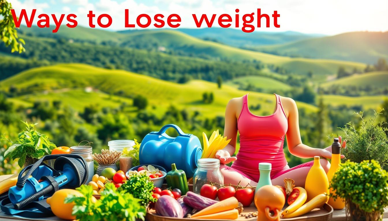 vibrant portrait of ways to lose weight, showing a variety of healthy lifestyle choices in the foreground - nutritious foods, exercise equipment, and mindfulness practices; a lush, verdant landscape in the background with rolling hills and a bright blue sky; warm, natural lighting illuminates the scene, creating a sense of vitality and well-being; the composition is balanced and visually appealing, inviting the viewer to explore the various elements and discover the path to natural weight loss transformation. vibrant portrait of ways to lose weight, showing a variety of healthy lifestyle choices in the foreground - nutritious foods, exercise equipment, and mindfulness practices; a lush, verdant landscape in the background with rolling hills and a bright blue sky; warm, natural lighting illuminates the scene, creating a sense of vitality and well-being; the composition is balanced and visually appealing, inviting the viewer to explore the various elements and discover the path to natural weight loss transformation.