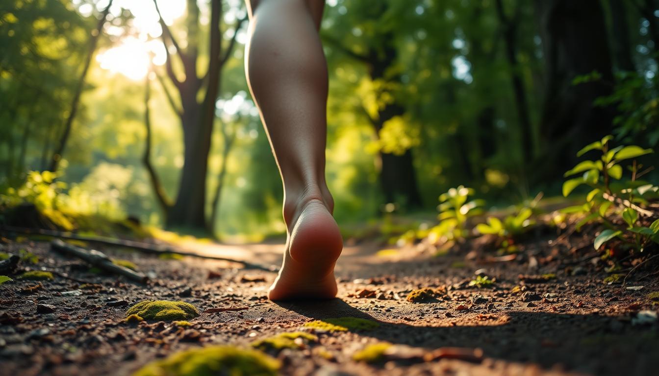 A barefoot individual walking slowly on a sun-dappled forest path, their steps grounded and intentional. The foreground captures the person's bare feet making gentle contact with the earthy, vibrant ground, the texture of the soil and moss visible. In the middle ground, lush green foliage and dappled sunlight create a serene, tranquil atmosphere. The background features towering trees, their branches filtering the warm, golden light, evoking a sense of connection to the natural world. Soft, diffused lighting casts a peaceful, introspective mood, inviting the viewer to feel the sensation of grounding and mindfulness.
