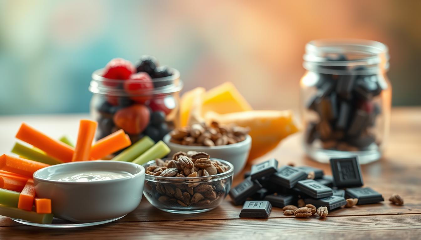 A beautifully lit close-up shot of a wooden table showcasing an assortment of low-carb snacks. In the foreground, a plate displays crunchy vegetable sticks like celery and carrot, accompanied by a creamy dipping sauce. Beside it, a small bowl overflows with savory roasted nuts and seeds. In the middle ground, a glass jar filled with plump berries and a handful of dark chocolate squares reflects the warm, natural lighting. The background fades into a soft, hazy gradient of vibrant swirling colors, creating a calming, appetizing atmosphere. A beautifully lit close-up shot of a wooden table showcasing an assortment of low-carb snacks. In the foreground, a plate displays crunchy vegetable sticks like celery and carrot, accompanied by a creamy dipping sauce. Beside it, a small bowl overflows with savory roasted nuts and seeds. In the middle ground, a glass jar filled with plump berries and a handful of dark chocolate squares reflects the warm, natural lighting. The background fades into a soft, hazy gradient of vibrant swirling colors, creating a calming, appetizing atmosphere.