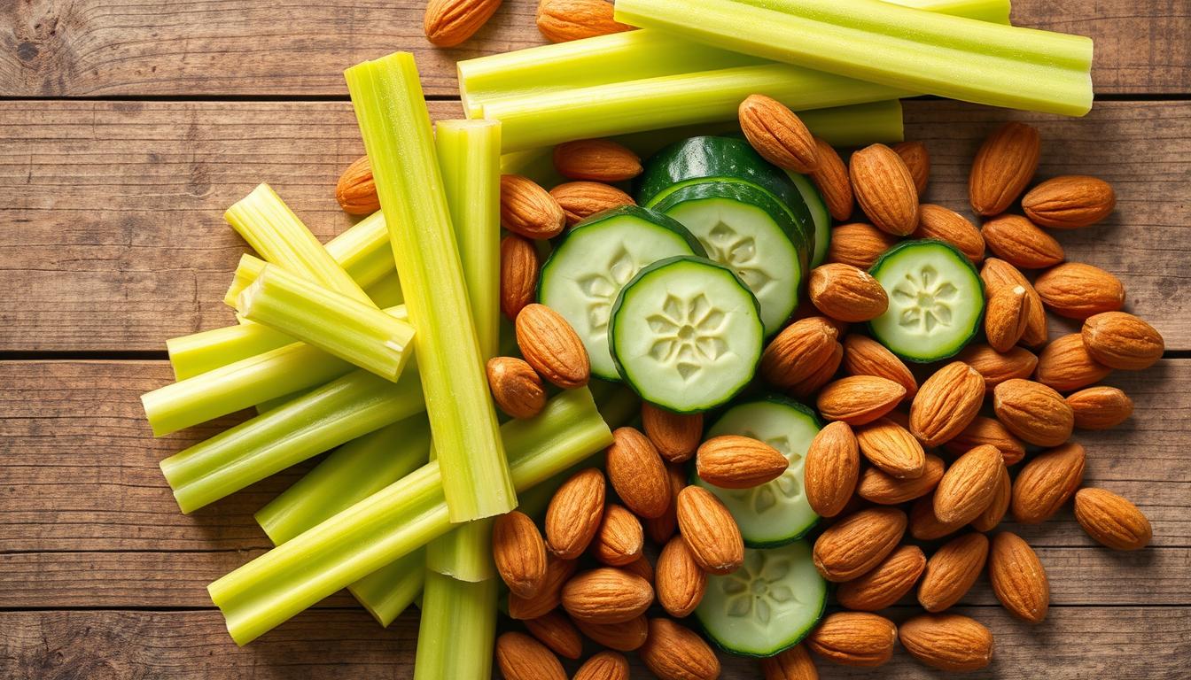 A beautifully lit overhead shot of an assortment of low-carb snacks, including crisp celery sticks, crunchy cucumber slices, and savory roasted almonds, artfully arranged on a rustic wooden table. The lighting casts a warm, inviting glow, accentuating the vibrant swirling colors of the produce and highlighting the natural textures. The composition is balanced and visually appealing, drawing the viewer's attention to the healthy, satisfying alternatives to traditional high-carb snacks.