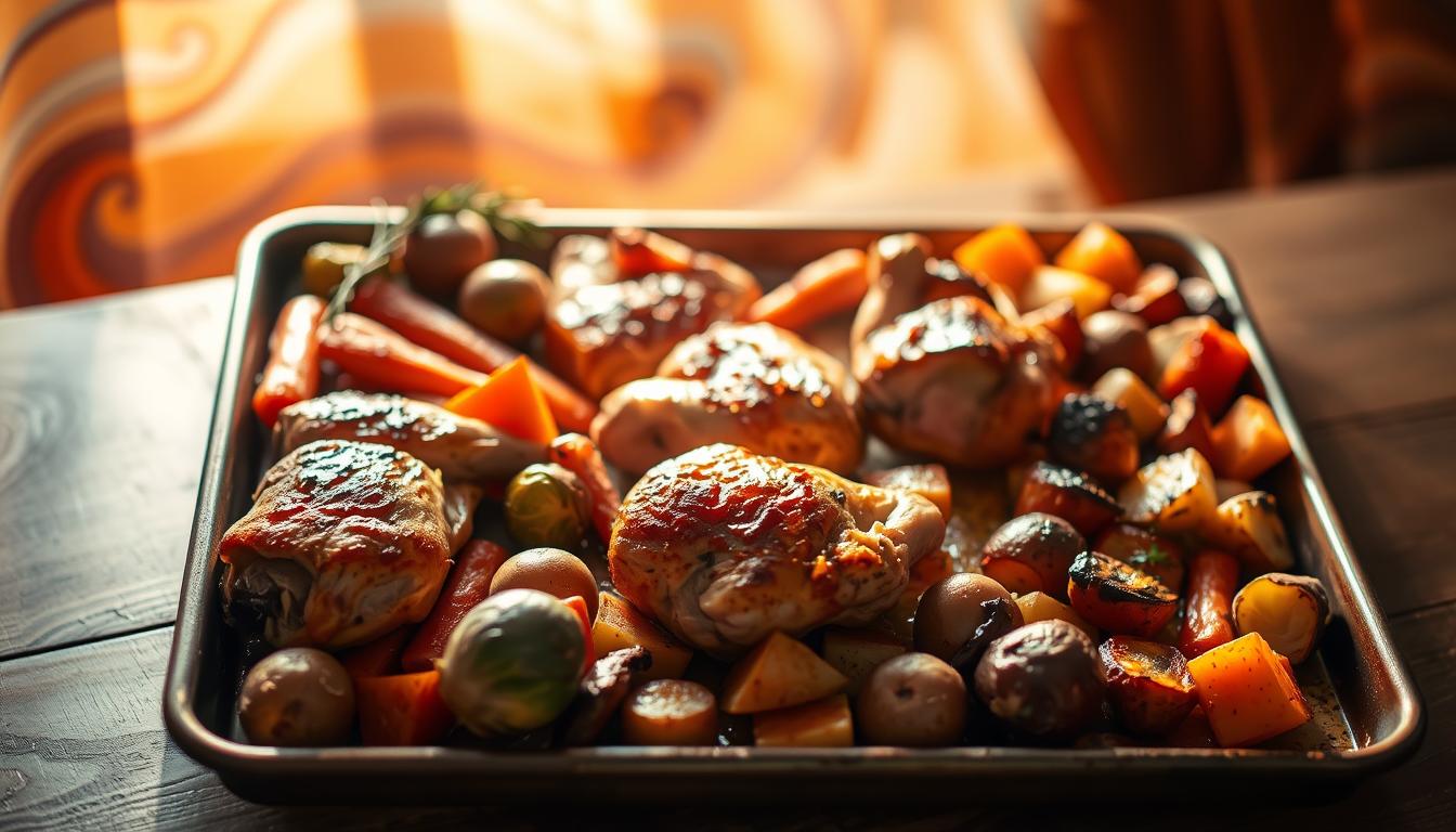 A beautifully lit sheet pan takes center stage, filled with an assortment of savory chicken dishes. Tender chicken thighs and drumsticks sizzle with a golden-brown crust, complemented by an array of roasted vegetables - vibrant carrots, crisp brussels sprouts, and earthy potatoes. The pan is framed by a swirling background of warm, vibrant colors, creating a cozy and inviting atmosphere. Soft shadows and highlights accentuate the texture and depth of the ingredients, while a shallow depth of field keeps the focus on the mouthwatering main course. The overall scene exudes a sense of effortless simplicity and rustic charm, perfectly capturing the essence of "Easy Sheet Pan Recipes".