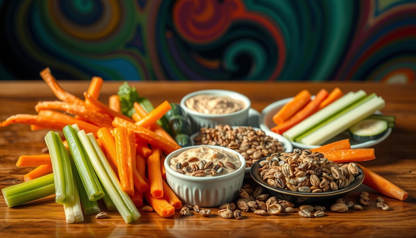 A beautifully lit still life arrangement on a wooden table, showcasing an assortment of low-carb nighttime snack alternatives. In the foreground, an array of crunchy vegetables like celery, carrot sticks, and cucumber slices, artfully arranged. In the middle ground, a small bowl of creamy hummus and a plate of protein-rich nuts and seeds. The background features vibrant swirling colors, creating a warm and inviting atmosphere. The lighting is soft and natural, highlighting the textures and colors of the healthy snacks. The overall composition conveys a sense of balance, wellness, and mindful late-night indulgence.