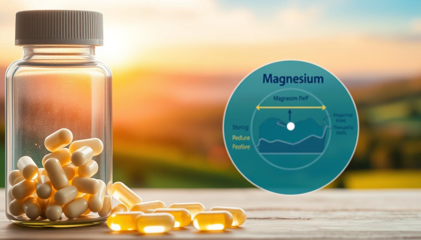 A bottle of magnesium supplements in the foreground, with a soft, natural lighting that highlights the capsules' translucent shells. In the middle ground, a migraine relief chart or diagram, depicting the role of magnesium in reducing the severity and frequency of migraine attacks. The background features a vibrant, soothing landscape with calming hues, suggesting the holistic, natural approach to migraine management. The overall composition conveys a sense of balance, wellness, and the therapeutic potential of magnesium supplementation for migraine relief. A bottle of magnesium supplements in the foreground, with a soft, natural lighting that highlights the capsules' translucent shells. In the middle ground, a migraine relief chart or diagram, depicting the role of magnesium in reducing the severity and frequency of migraine attacks. The background features a vibrant, soothing landscape with calming hues, suggesting the holistic, natural approach to migraine management. The overall composition conveys a sense of balance, wellness, and the therapeutic potential of magnesium supplementation for migraine relief.