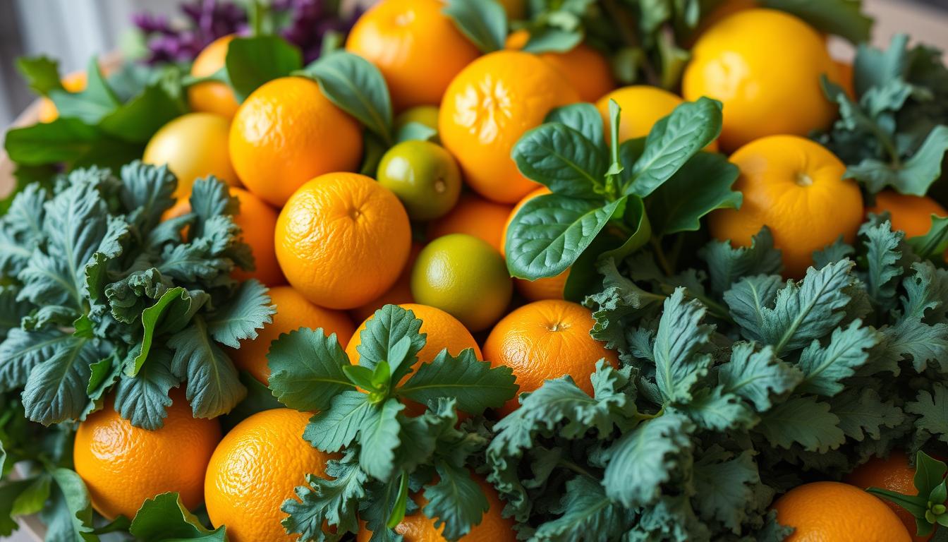 A bountiful arrangement of citrus fruits and leafy greens, meticulously captured in a vibrant still life. In the foreground, a cluster of juicy oranges, lemons, and limes, their rinds glistening under warm, natural lighting. Surrounding them, a lush bouquet of kale, spinach, and other nutrient-dense leaves, their verdant hues creating a striking contrast. The composition is balanced and visually appealing, inviting the viewer to appreciate the wholesome goodness of these immune-boosting ingredients. The scene is photographed from a slightly elevated angle, emphasizing the abundance and vibrancy of this nutrient-rich display.