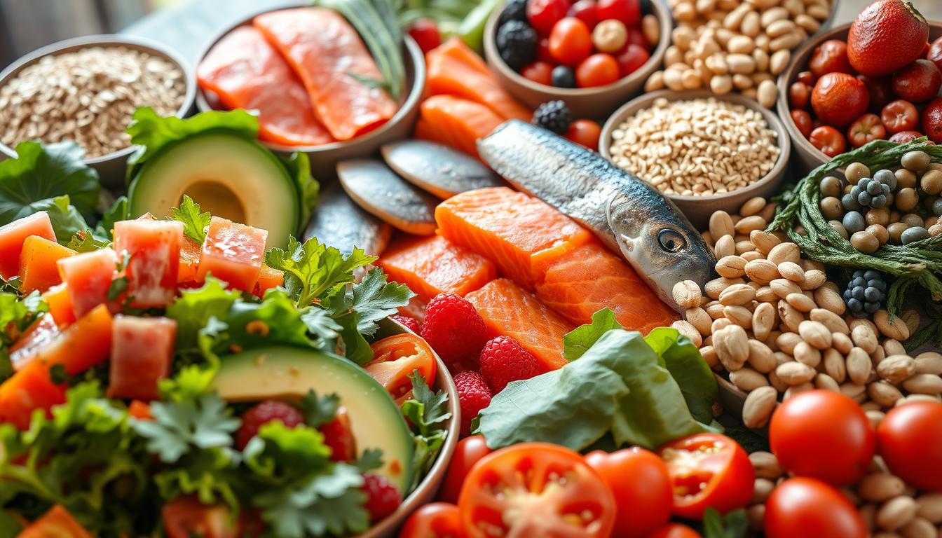 A bountiful arrangement of colorful, nutritious foods that naturally lower cholesterol levels. In the foreground, a fresh salad of leafy greens, avocado, and juicy tomatoes, drizzled with a vibrant, heart-healthy dressing. In the middle ground, a selection of oily fish like salmon, tuna, and mackerel, alongside a bowl of hearty, fiber-rich oats. In the background, a display of vibrant berries, crisp nuts, and creamy legumes. The scene is bathed in warm, natural lighting, captured with a wide-angle lens to emphasize the variety and abundance of these cholesterol-lowering superfoods.