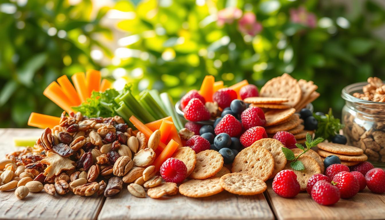 A bountiful arrangement of fiber-rich snacks on a rustic wooden table, bathed in warm, natural lighting. In the foreground, an assortment of crunchy nuts, chewy dried fruits, and crisp vegetable sticks. The middle ground features plump, juicy berries and a selection of whole grain crackers. In the background, a lush, vibrant greenery backdrop complements the vibrant colors of the snacks, creating a sense of balance and wholesomeness. The composition evokes a feeling of mindful, nourishing indulgence, perfect for managing cravings with a healthy, satisfying treat.