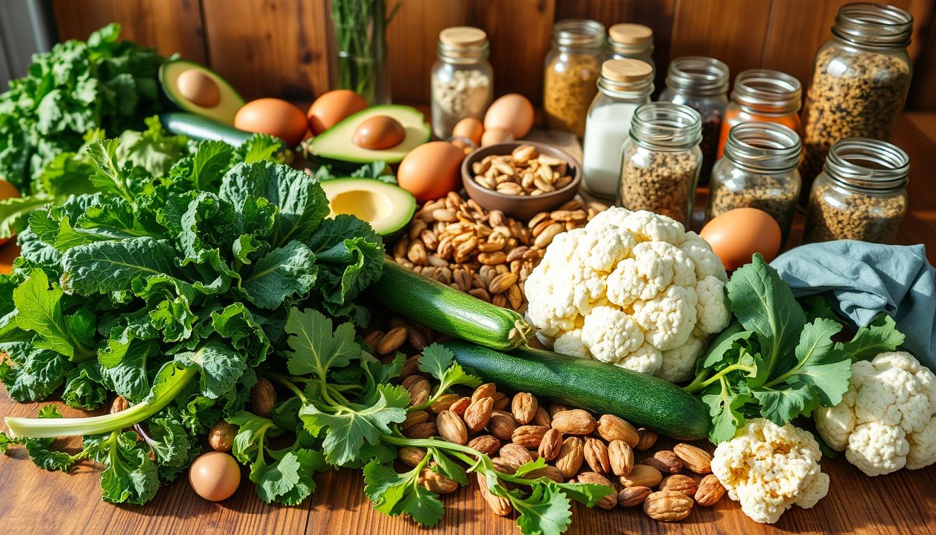 A bountiful array of low-carb cooking ingredients sprawled across a rustic wooden table, bathed in warm natural light. In the foreground, freshly harvested vegetables - crisp kale, vibrant zucchini, and nutty cauliflower - are arranged in an appealing display. The middle ground features a selection of healthy fats and proteins, including avocado, eggs, and nuts, while the background showcases glass jars filled with aromatic spices and herbs. The overall composition exudes a sense of homemade, wholesome abundance, with vibrant swirling colors that evoke the joy of DIY low-carb cooking.